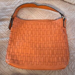 Woven Leather Shoulder Bag in Orange